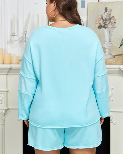 Aruba Blue Plus Size Solid Color Splicing Raw Hem Pullover Top Shorts Set