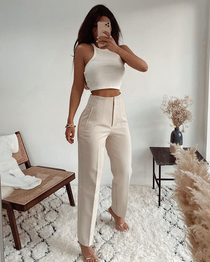 Pleated Casual High Waist Pure Color Slim-fit Basic Pants