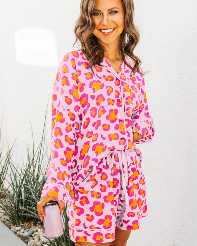 Orange Leopard Print Long Sleeve Shirt and Shorts Pajama Set