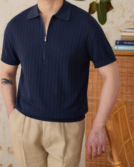 Linen Blend Lapel Zipper Sunken Stripe Short Sleeve