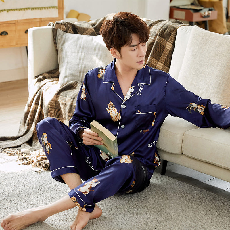 Ice Silk Couple Pajamas Spring And Summer Long-sleeved Printed Silk Pajamas