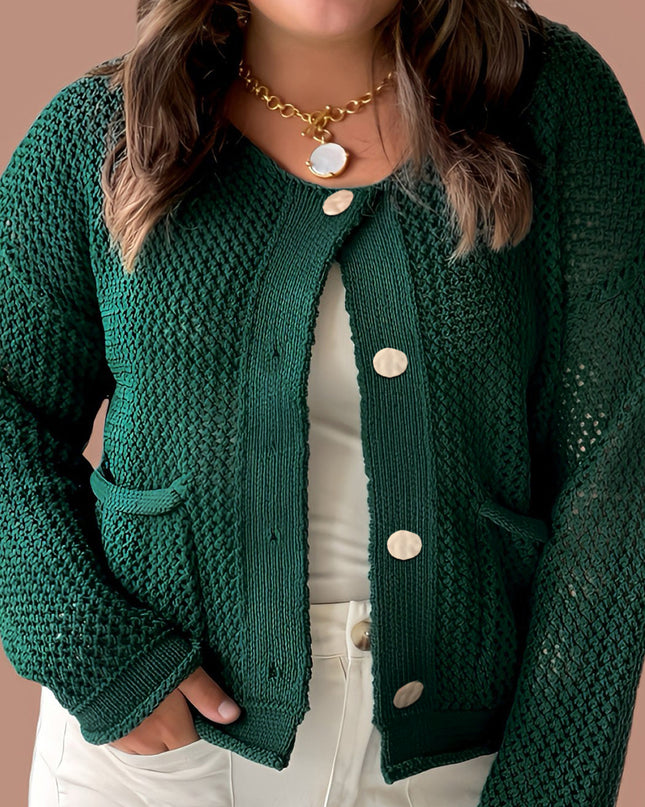 Blackish Green Plus Size Golden Accent Buttons Short Sweater Cardigan