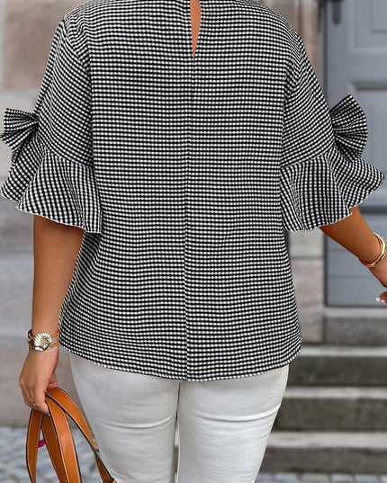 Black Plus Size Plaid Bow Decor Bell Sleeve Round Neck Jumper