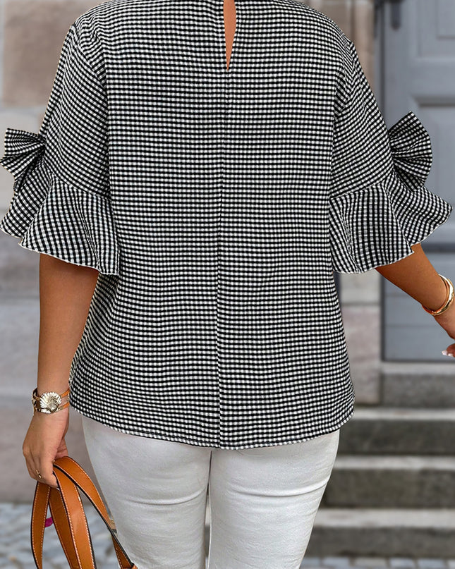 Black Plus Size Plaid Bow Decor Bell Sleeve Round Neck Jumper