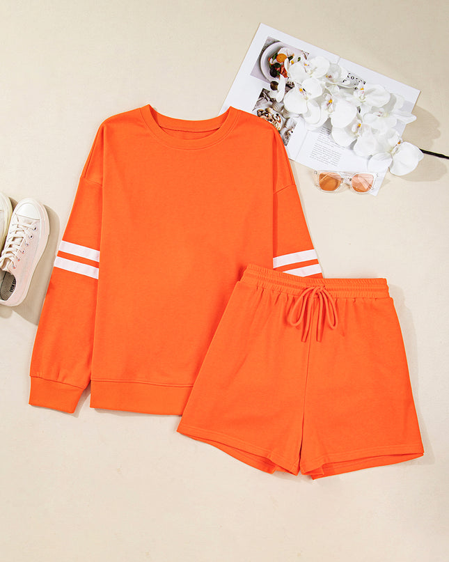 Orange Plus Size Varsity Striped Drop Shoulder Pullover Drawstring Elastic Waistband Short Set