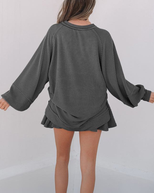Sky Blue Corded Lantern Sleeve Top High Waist Ruffled Mini Skort Set