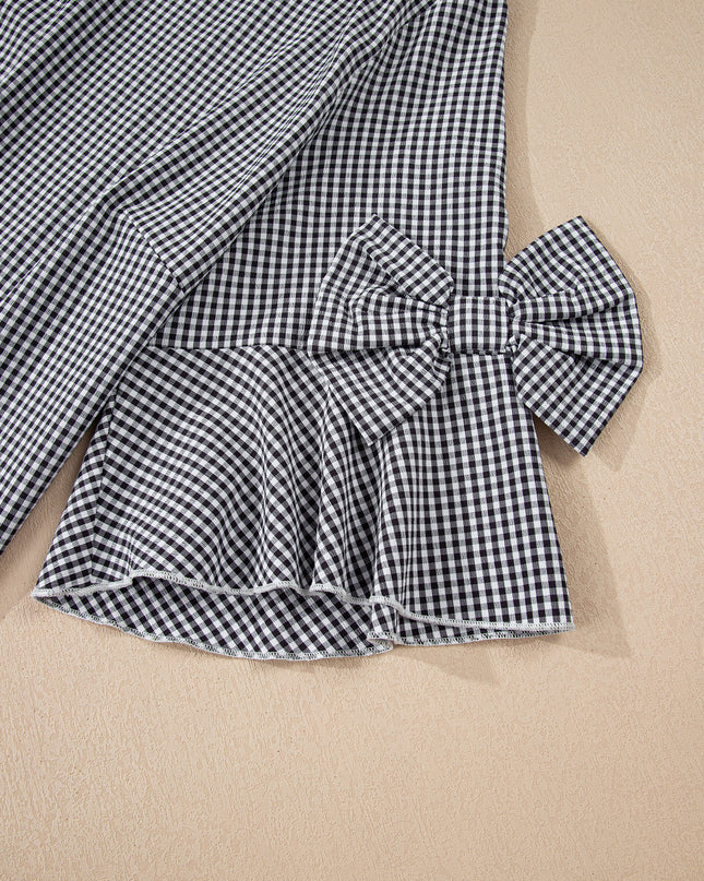 Black Plus Size Plaid Bow Decor Bell Sleeve Round Neck Jumper