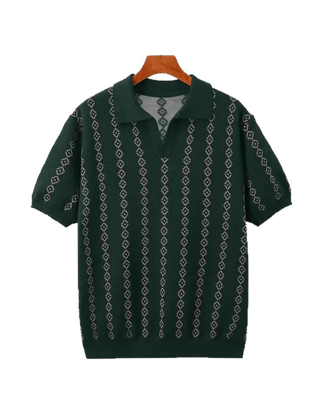 Men's Knitted Striped Polo Shirt Lapel Half Sleeve Jacquard T-shirt