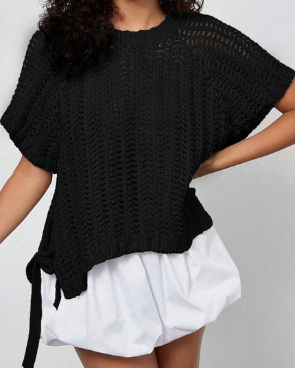 Ashleigh Blue Plus Size Open Knit Bow Tie Short Sleeve Sweater