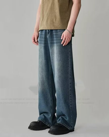 Mens Straight-Leg Relaxed-Fit Vintage Blue Denim Jeans In American Style