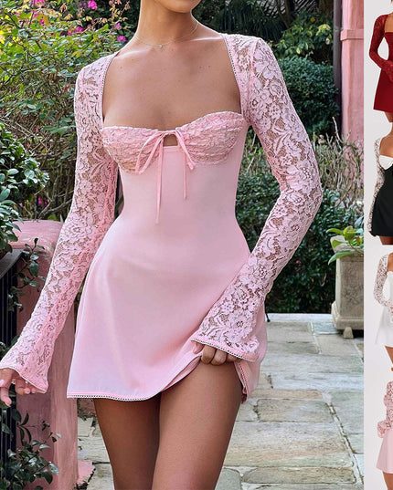 Y2K Lace Long Sleeve Backless Lace Up Short Dress