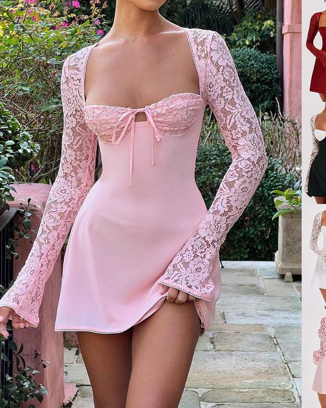 Y2K Lace Long Sleeve Backless Lace Up Short Dress