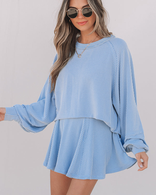 Sky Blue Corded Lantern Sleeve Top High Waist Ruffled Mini Skort Set