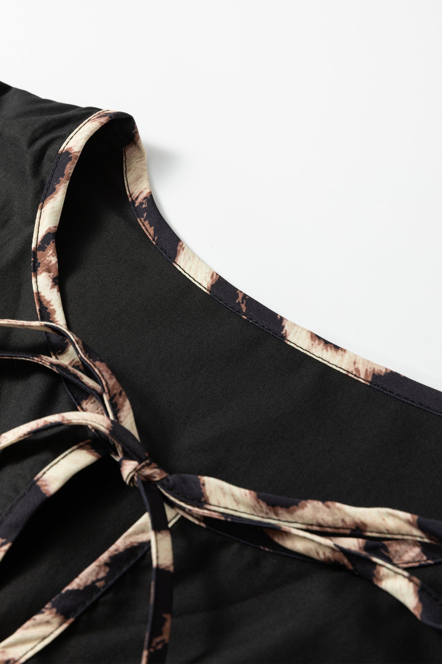 Black Plus Size Long Sleeve Leopard Contrasted Trim Tie Neck Flared Mini Dress