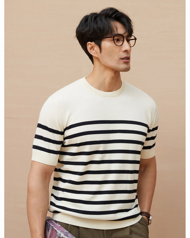 Summer New Short-sleeved Knitted Sweater Men's Striped Light Luxury Business Casual