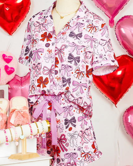 Pink Cute Ribbon Bows Printed 2pcs Short Pajama Set