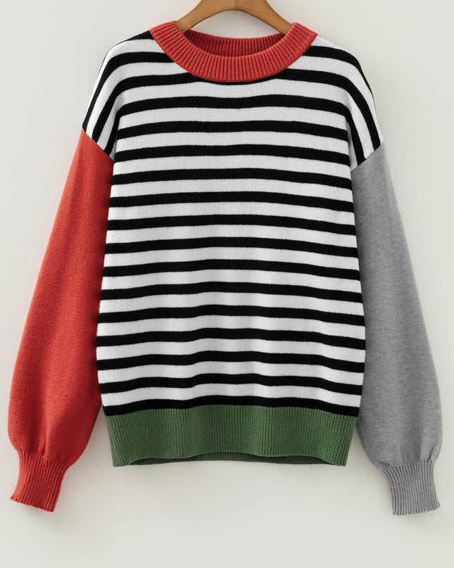 Color black Striped Panels Colorblock Sleeve Chic Sweater
