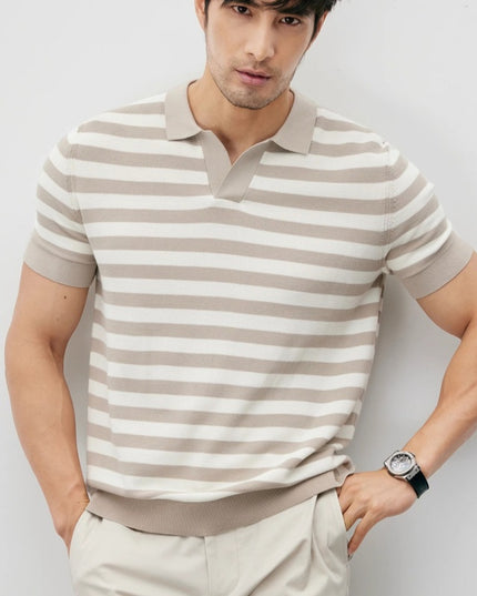 Summer New Ice Silk Short Sleeve Knitted Men's V-neck Lapel Slim