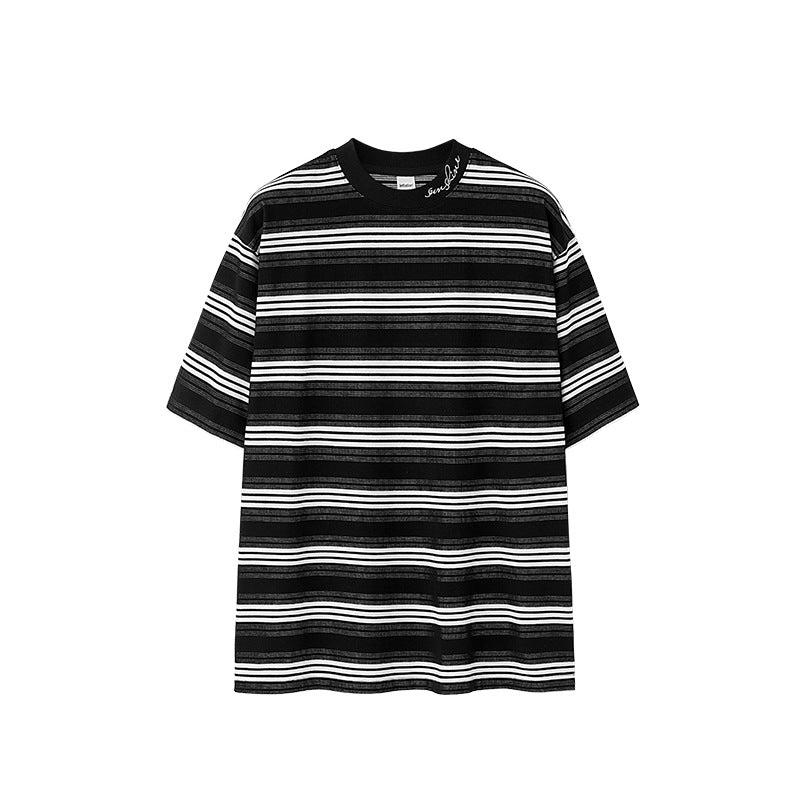 Men's Striped T-shirt Fine Woven Plaid Loose Street Embroidery
