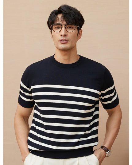 Summer New Short-sleeved Knitted Sweater Men's Striped Light Luxury Business Casual