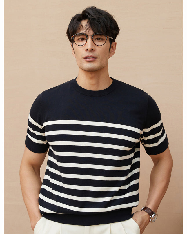 Summer New Short-sleeved Knitted Sweater Men's Striped Light Luxury Business Casual