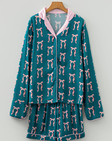 Green Ribbon Bow Print Silky Long Sleeve Shirt and Shorts 2pcs Pajama Set