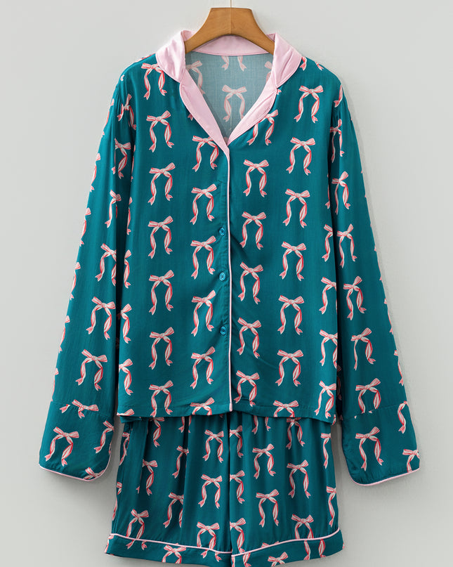 Green Ribbon Bow Print Silky Long Sleeve Shirt and Shorts 2pcs Pajama Set