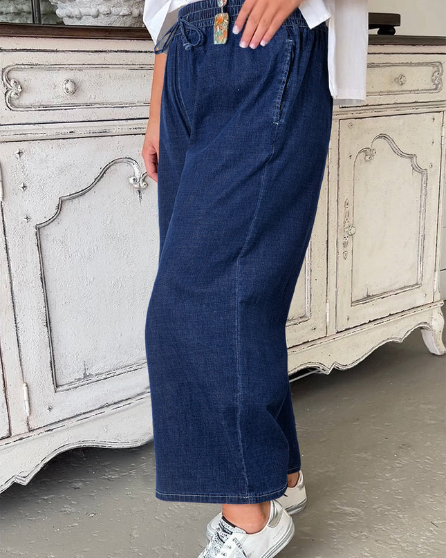 Real Teal Plus Size Drawstring High Waist Wide Leg Casual Jeans