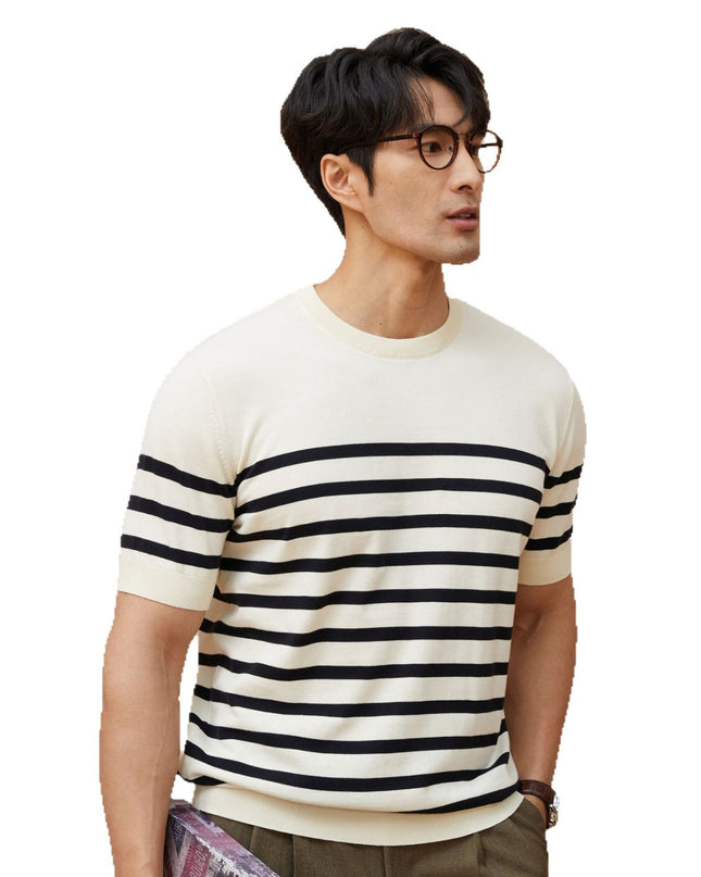 Summer New Short-sleeved Knitted Sweater Men's Striped Light Luxury Business Casual