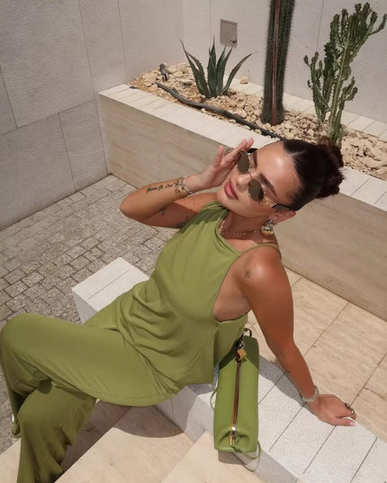 Asymmetrical Pleated Camisole And Wide-leg Pants Set