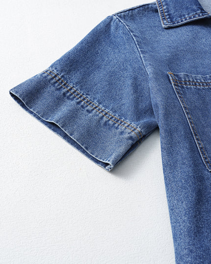 Blue Short Sleeve Collared Patched Pocket Denim Mini Dress