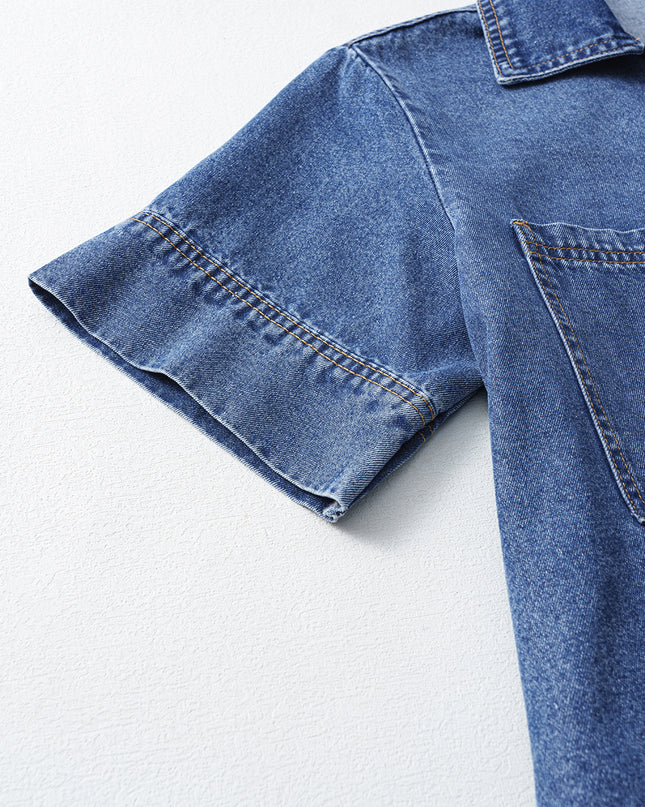 Blue Short Sleeve Collared Patched Pocket Denim Mini Dress