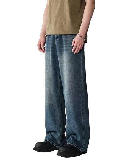 Mens Straight-Leg Relaxed-Fit Vintage Blue Denim Jeans In American Style