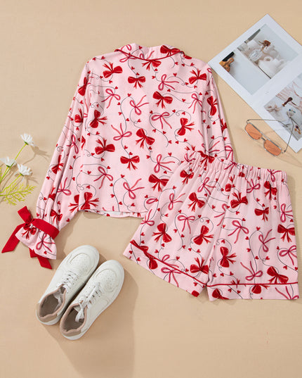 Red Bow Print Valentine Long Sleeve Shirt Shorts 2 Pcs Pajama Set