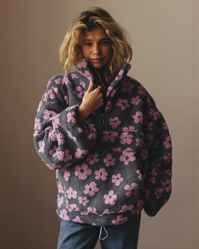 Winter Pullover Flowers Sweatshirt With Big Pockets