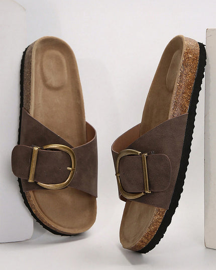 Coffee Buckle Decor Faux Suede Thick Sole Slippers