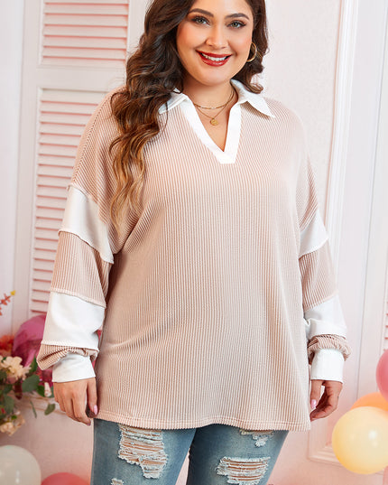 Parchment Corded Colorblock Long Sleeve Slit V Neck Plus Top