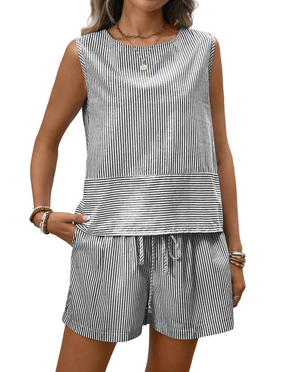 Womens Fashionable Casual Two-Piece Set Crew-Neck Sleeveless Tank Top And Shorts