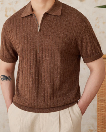 Linen Blend Lapel Zipper Sunken Stripe Short Sleeve