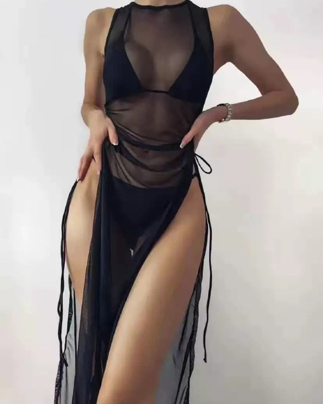3 Piece set Swimsuit Solid Color Mesh with Split