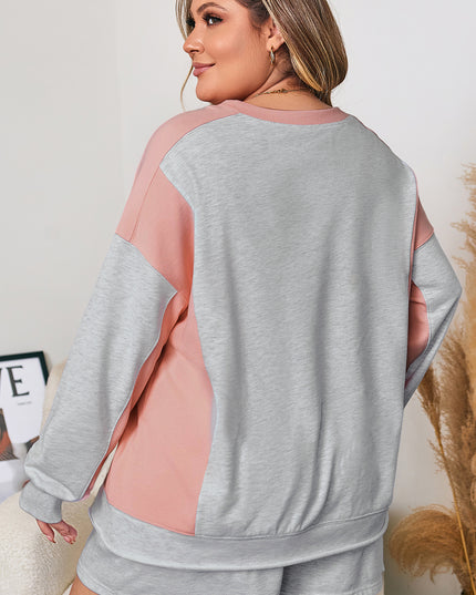 Light Grey Uneven Hem Colorblock Pullover Casual Shorts Plus Size 2pcs Outfit