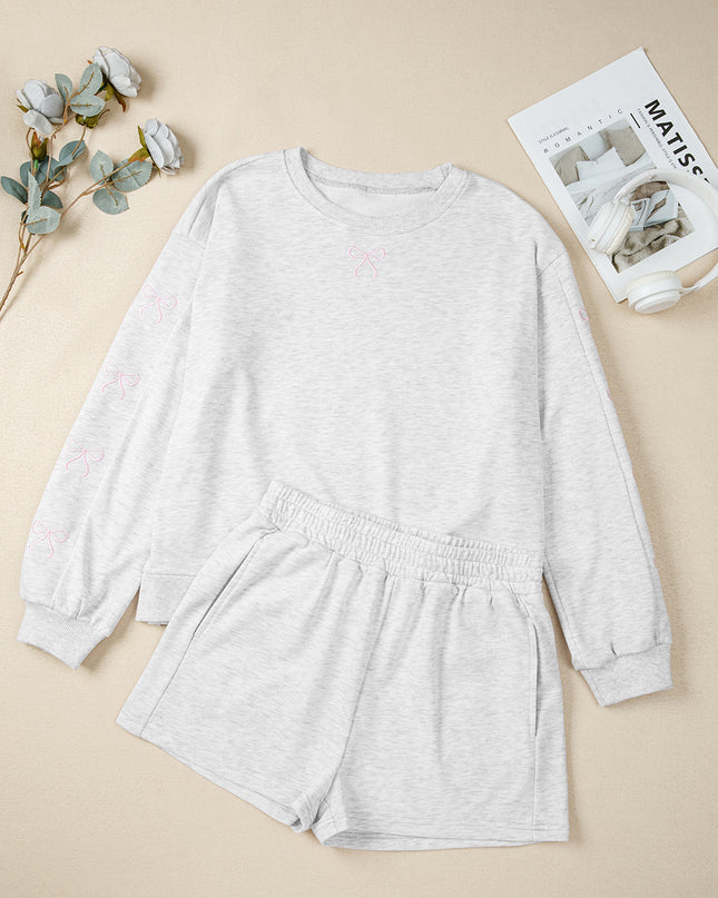 Sachet Pink Girly Bow Embroidered Detail Puff Sleeve Pullover 2pcs Short Set