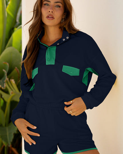Red Dahlia Color Block Patchwork Half Button Pullover and Shorts 2pcs Outfit