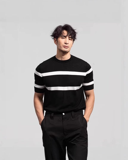 Men's Retro-style Round-neck Knitted Top With Ice Silk Short Sleeves