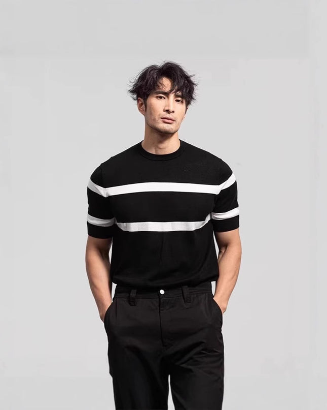 Men's Retro-style Round-neck Knitted Top With Ice Silk Short Sleeves