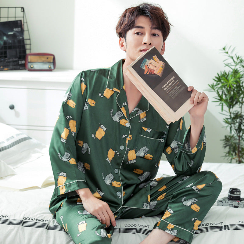 Ice Silk Couple Pajamas Spring And Summer Long-sleeved Printed Silk Pajamas