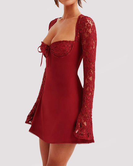 Y2K Lace Long Sleeve Backless Lace Up Short Dress