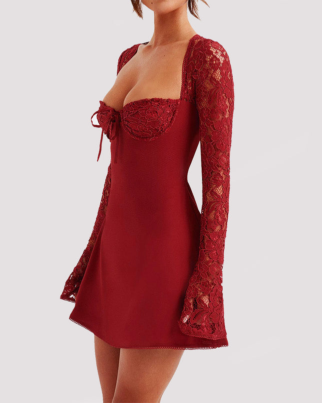 Y2K Lace Long Sleeve Backless Lace Up Short Dress