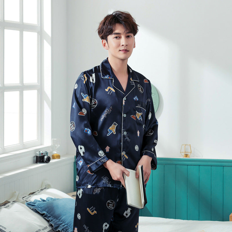 Ice Silk Couple Pajamas Spring And Summer Long-sleeved Printed Silk Pajamas