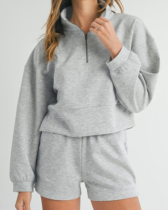Light Grey Stand Neck Zipped Sweatshirt and Shorts Set